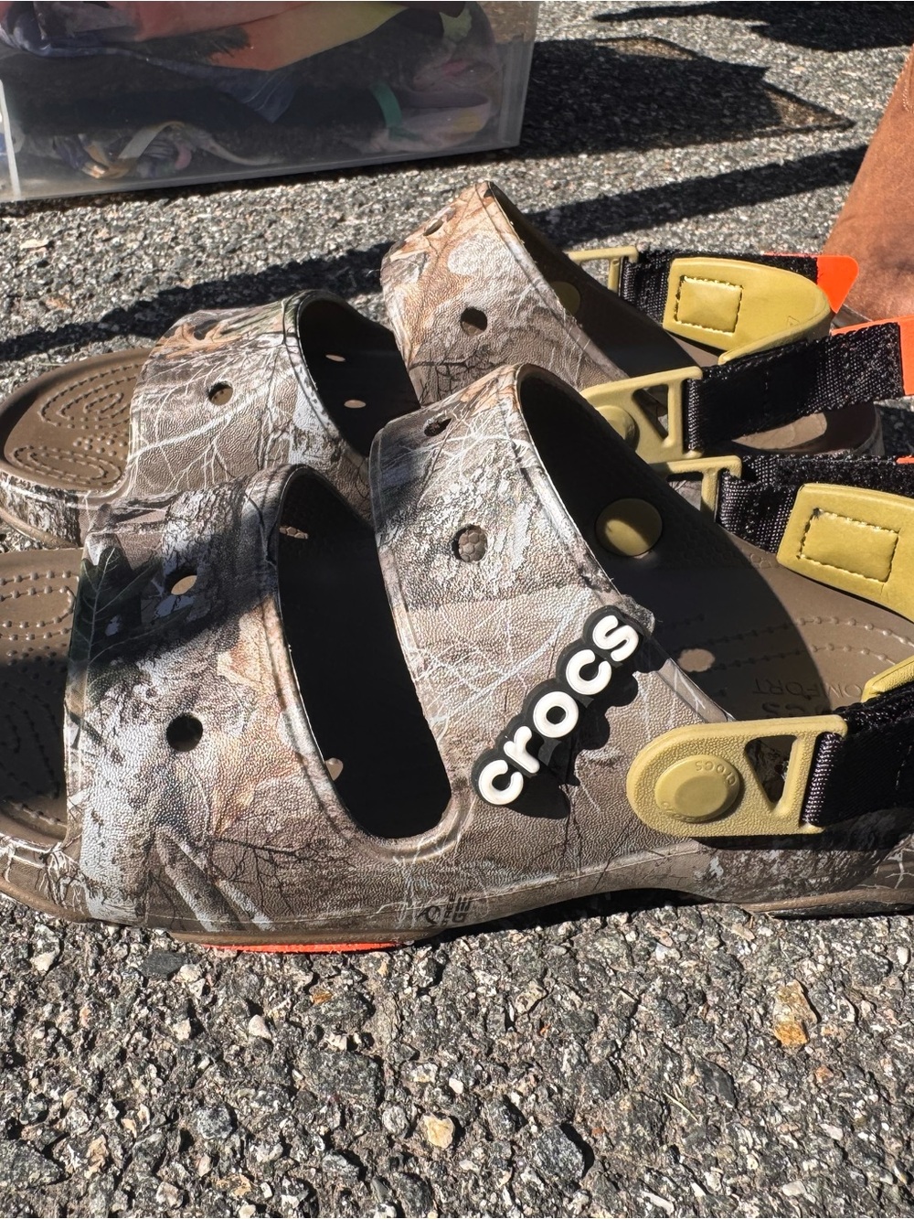 CROCS Men’s ' Brown Camo Strap Sandals with Yellow Accents